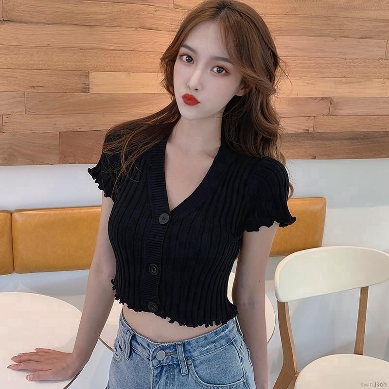 Áo Cardigan Dệt Kim Ngắn Tay Cổ V Đính Nút Thời Trang Cho Nữ