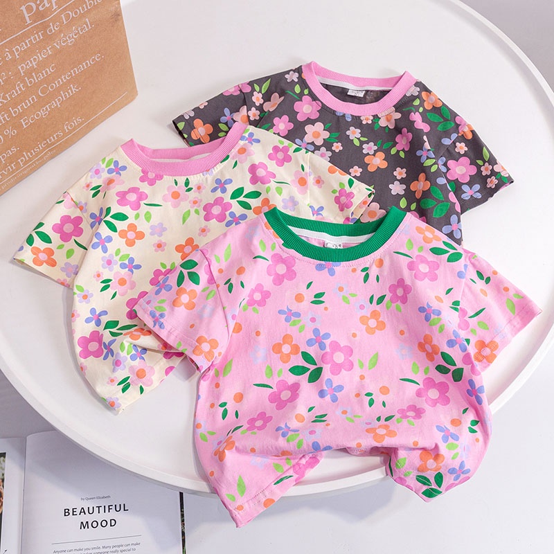 Áo Thun Tay Ngắn Cổ Tròn In Hình Hoa Hồng Bằng Cotton Thời Trang Mùa Hè Dành Cho Bé Gái 2-6 Tuổi