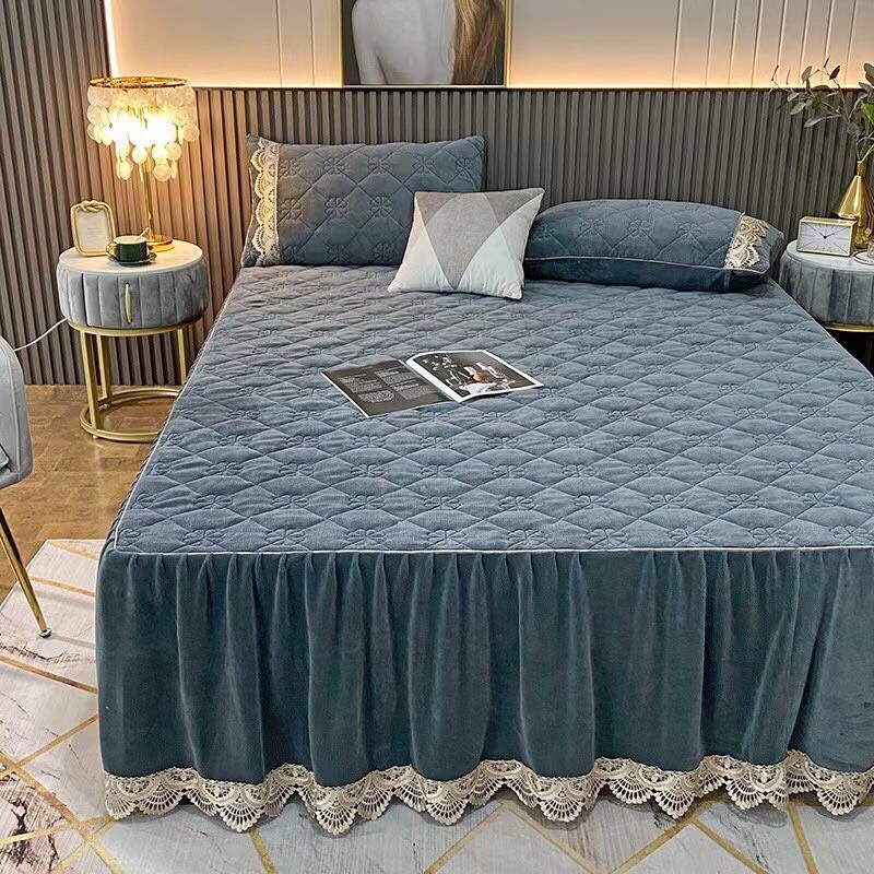 Set ga gối nỉ nhung phủ bèo trần hoa 8 cánh, trần trám, thảm trải giường nỉ nhung phủ dài tặng kèm túi giặt xinh