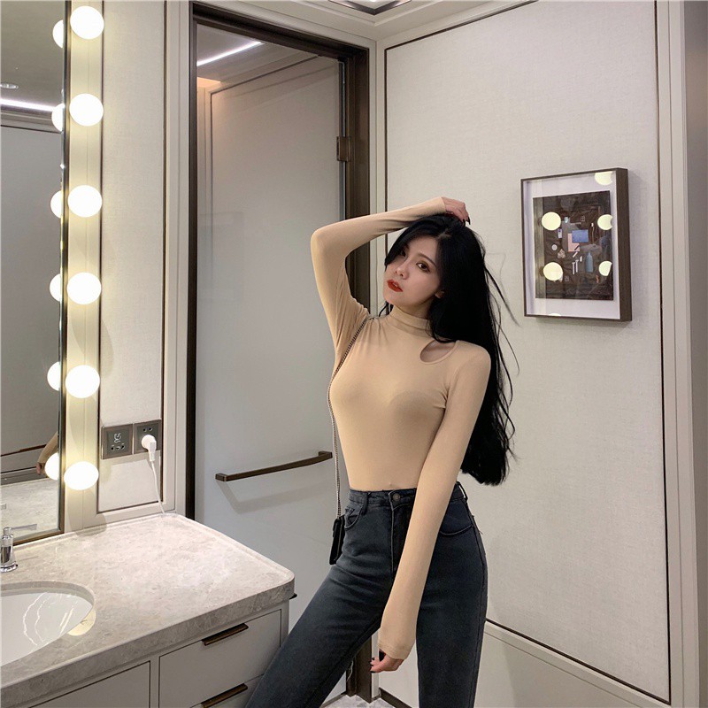 Women New Solid Color Half-neck T-shirt Off-shoulder Slim Long-sleeved T-shirt | BigBuy360 - bigbuy360.vn