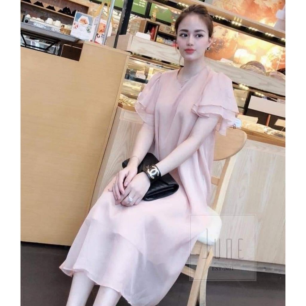 Váy bầu thời trang thiết kế nơ vai sát lách M139 chất voan hai lớp freesize từ 45 đến 70kg