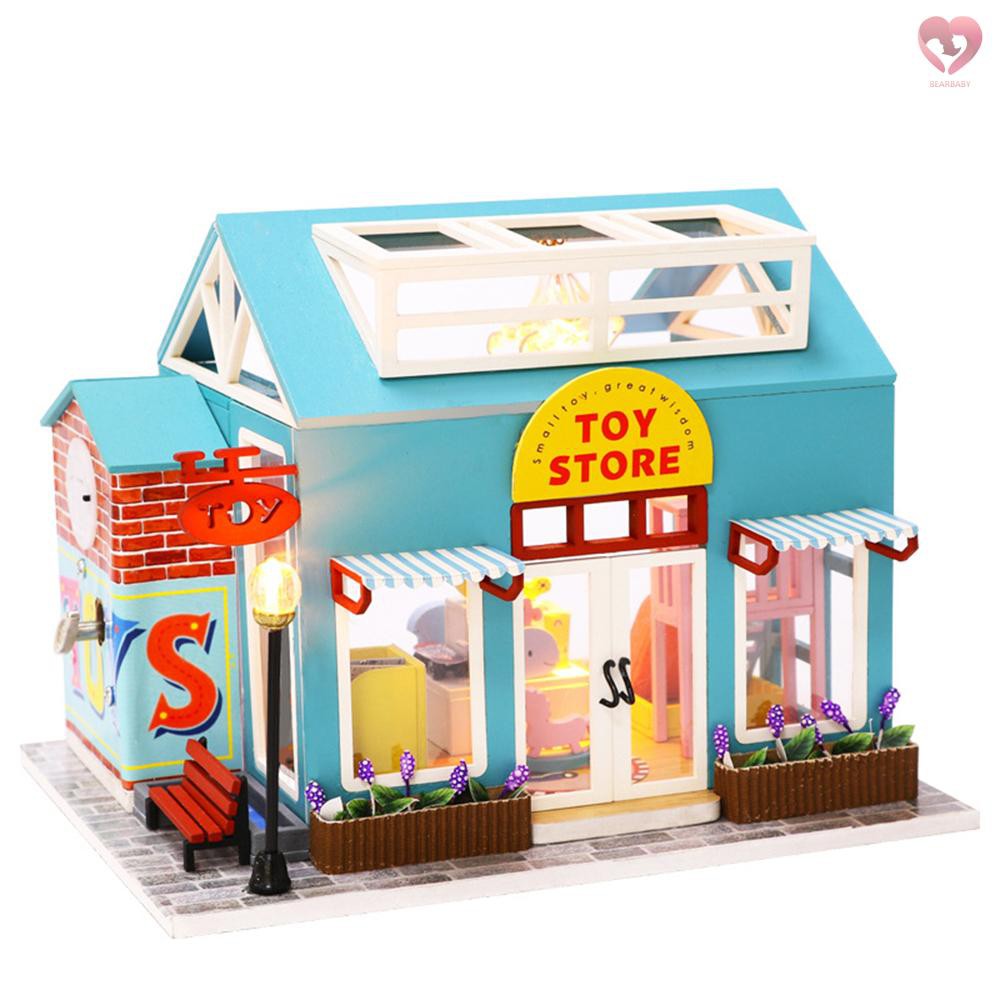 🎀Miniature Doll House DIY Wooden Dollhouse with Furniture & LED Light Children Toy Creative Gifts for 14+ Kids Adults Friends Family (Blue Toy Store)