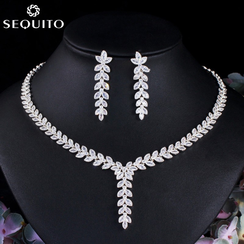 Sequito Bộ Vòng cổ Và Bông Tai Mạ Bạc Hình Chiếc Lá Đính Đá cz Thời Trang Cho Cô Dâu js101