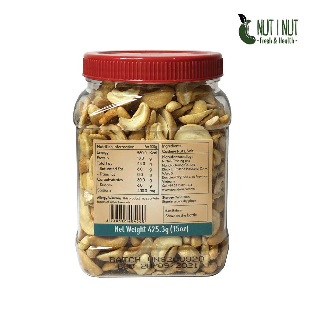 Hạt điều NUT I NUT sấy muối vỡ đôi hũ 425.3 gram