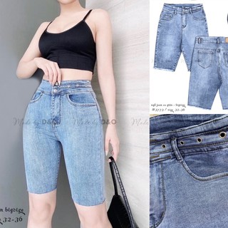 Quần Ngố Jeans Lưng Cao Qua Rốn - Quần Lửng Co Giãn Phối Lưng Cao Thời Trang Xanh Đá Nhạt