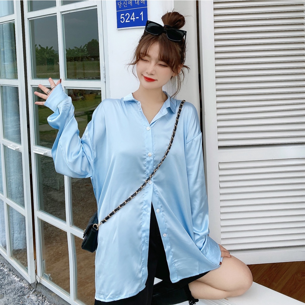 Áo sơ mi SUXI tay dài màu trơn dáng rộng hợp thời trang cho nữ