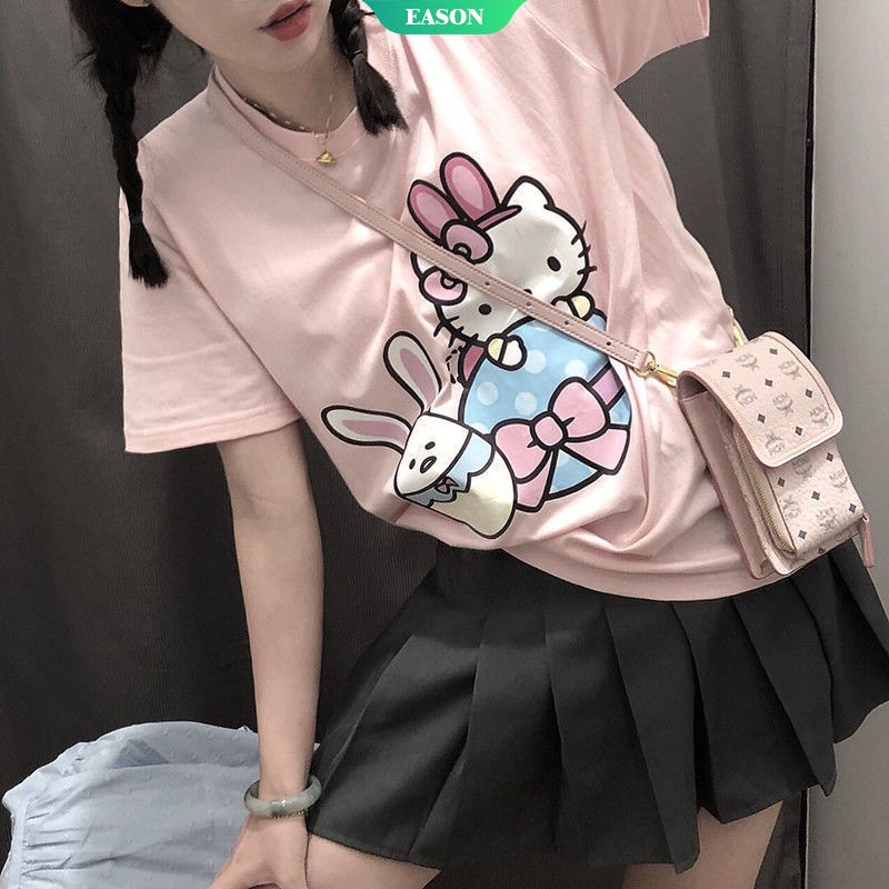 SANRIO Áo Thun Dáng Rộng In Hình Hello Kitty Đáng Yêu Phong Cách Nhật Bản