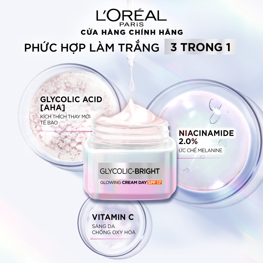 Kem ngày dưỡng sáng mờ thâm nám L'Oreal Paris Glycolic (AHA) Bright SPF 17 50ml