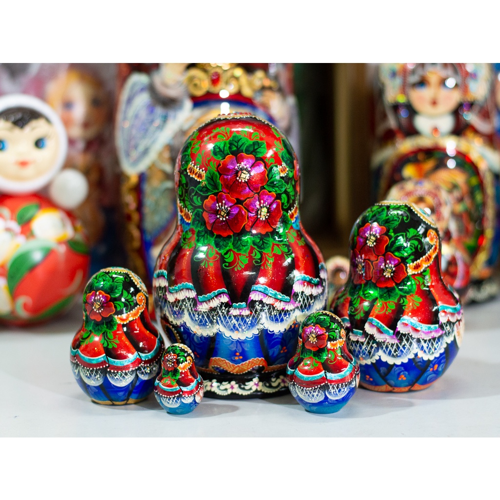 (CÓ VIDEO) BỘ BÚP BÊ NGA MATRYOSHKA CAO CẤP 5 LỚP 15CM DÁNG TRÒN HOA VĂN &quot;CHUYỆN CỔ TÍCH PUSHKIN&quot; CỰC ĐẸP VÀ ĐỘC ĐÁO