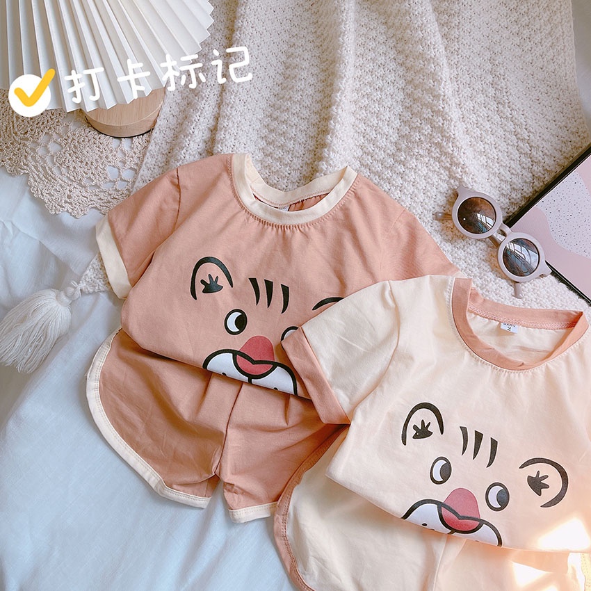Bộ Quần Áo Trẻ Em Cộc Tay In Hình Mặt TigEr Yêu Vải Cotton Cho Bé Từ 7-19kg Mã CT56