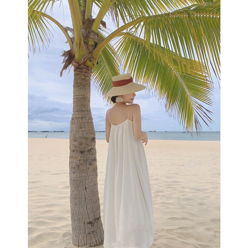 Váy đi biển trắng 2 dây maxi Đầm nữ đẹp dáng dài rộng bigsize bikini kiểu Hàn Quốc vintage babydoll hở lưng S3T5-13