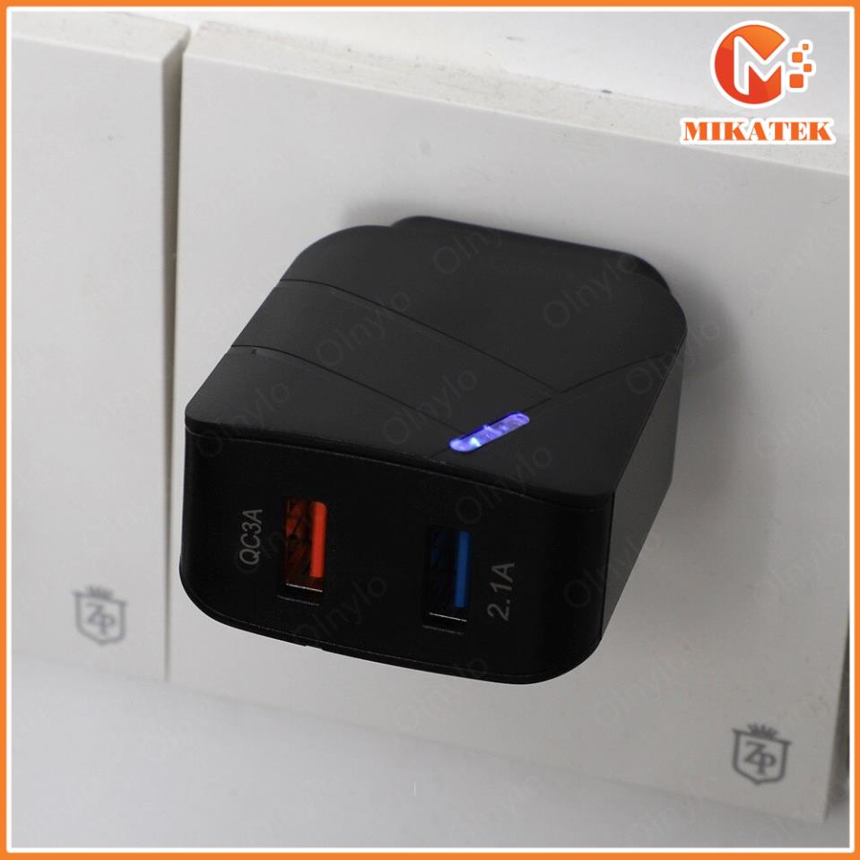 Củ Sạc Nhanh 18W QC 3.0 Có 2 Cổng Sạc Kép Đèn Led Phát Sáng cục sạc nhanh điện thoại Mikatek