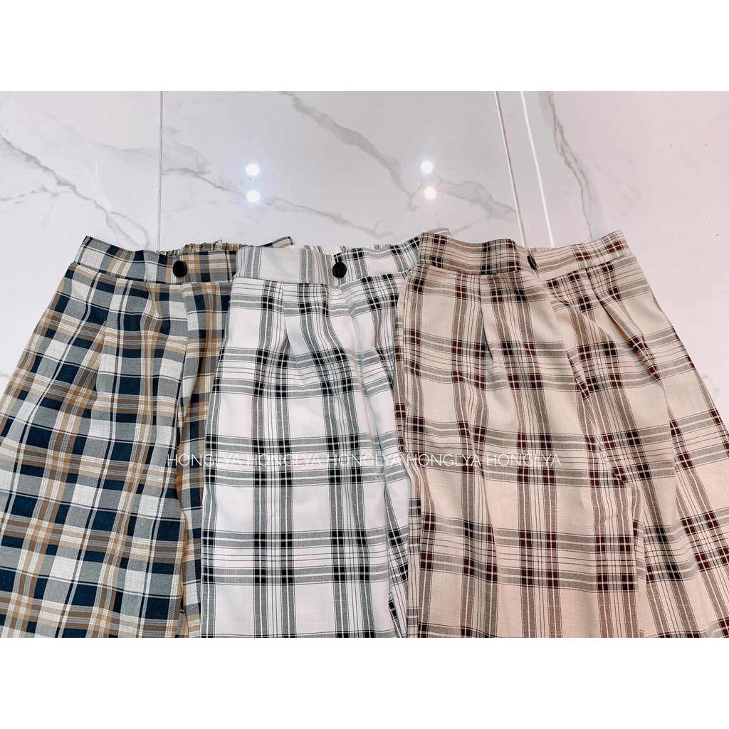 [Ảnh thật] Quần cullotes kẻ caro ống rộng phong cách ulzzang Hàn Quốc