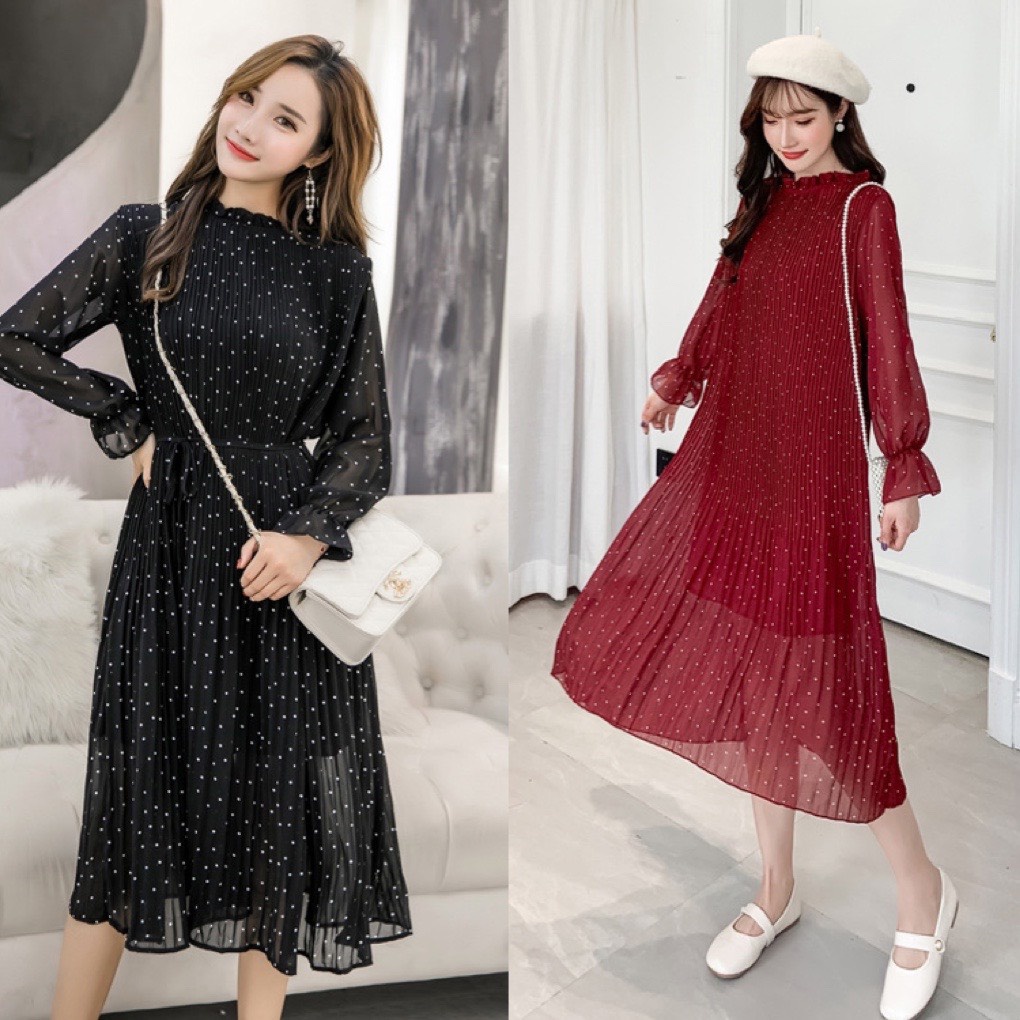 Váy bầu thu đông dài tay chất Voan mềm mại chấm bi xinh xắn mặc bầu và sau sinh VD354