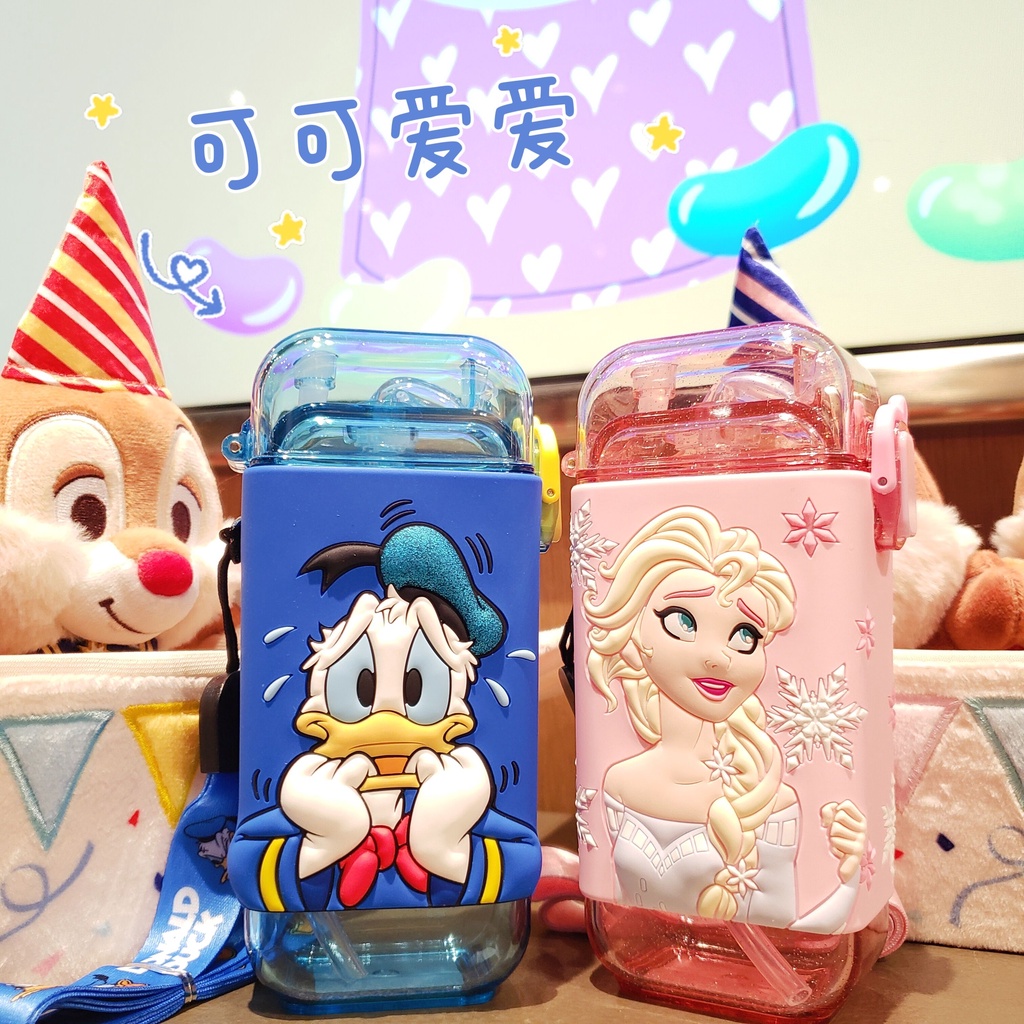 Bình uống nước DISNEY chính hãng có dây đeo dung tích 280ML in hình Elsa/Olaf/Mickey/Tsum/Hồng Hạc/Hươu/Ngựa Vằn