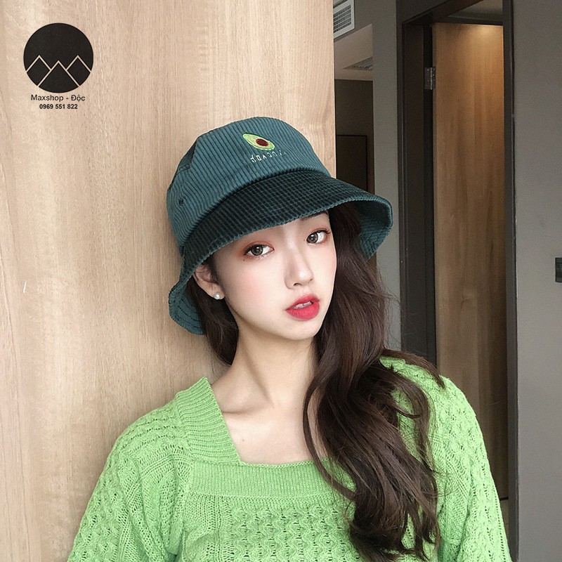 Mũ, nón bucket Ulzzang thêu hình quả bơ phủ nhung gân dày dặn cao cấp