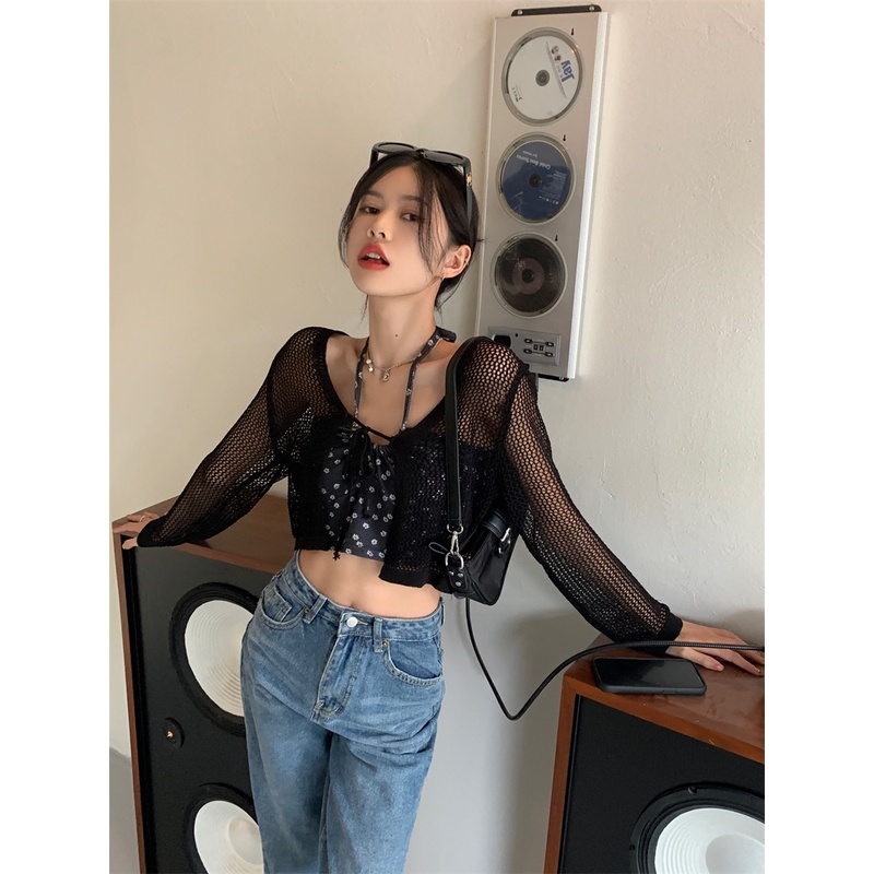 Áo khoác cardigan tay dài thắt dây/ Áo kiểu cổ yếm họa tiết hoa IHKKE thời trang mùa hè dành cho nữ