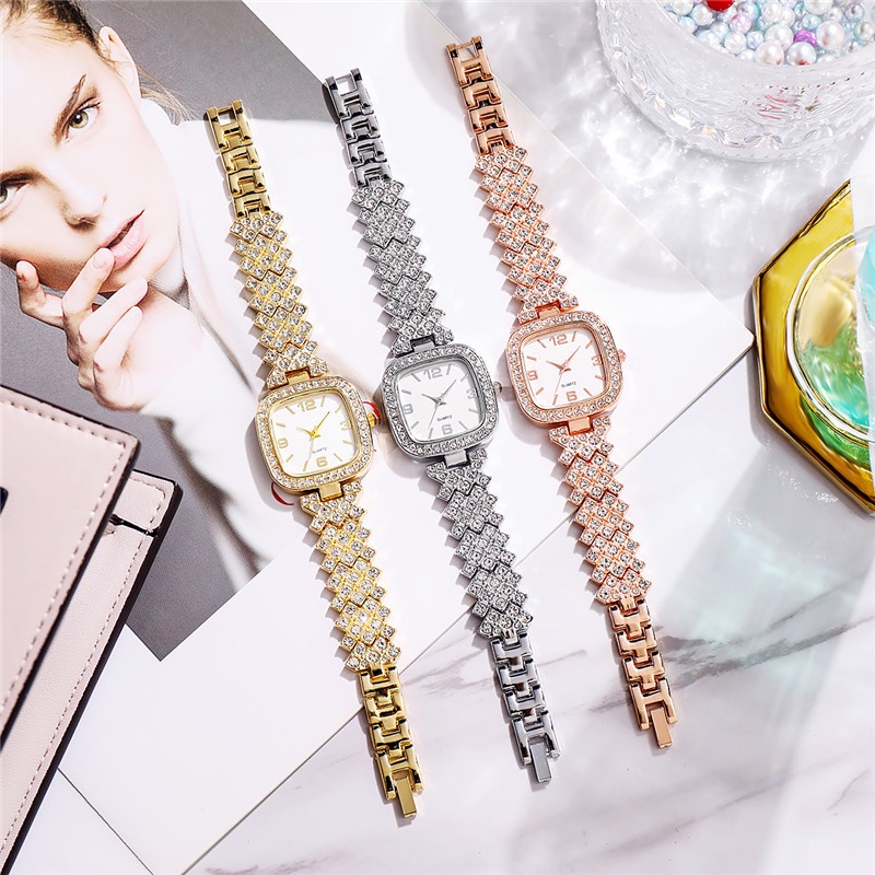 Đồng Hồ Mặt Vuông Đính Đá Với Dây Đeo Thép Không Gỉ Thời Trang