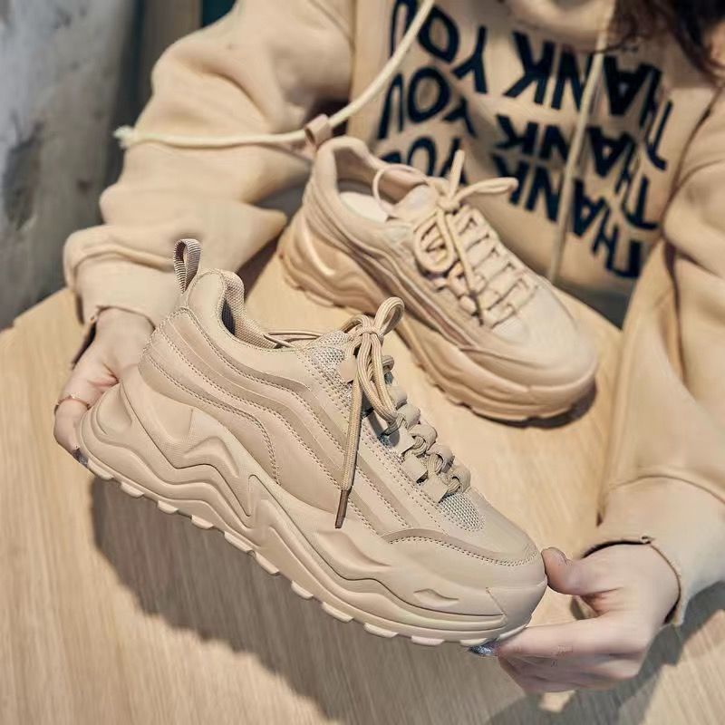 CHZK Giày thể thao sneaker nữ chất da phối vải thoáng khí đế 2 lớp độn đế 5cm HQ156