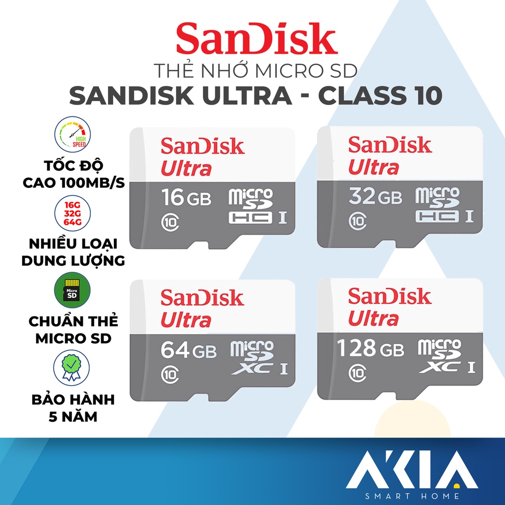 Thẻ nhớ SanDisk Ultra dung lượng 32GB/ 64GB/ 128G tốc độ cao 100mb/s, chuẩn Micro SD cho camera, điện thoại