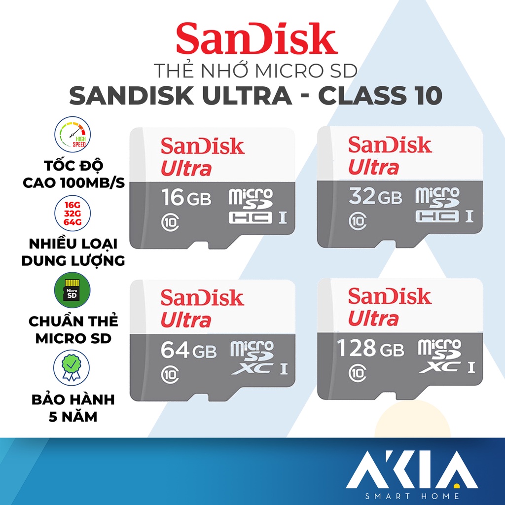 Thẻ nhớ class 10 SanDisk Ultra dung lượng 32GB/ 64GB/ 128G tốc độ cao 100mb/s, chuẩn Micro SD cho camera, điện thoại