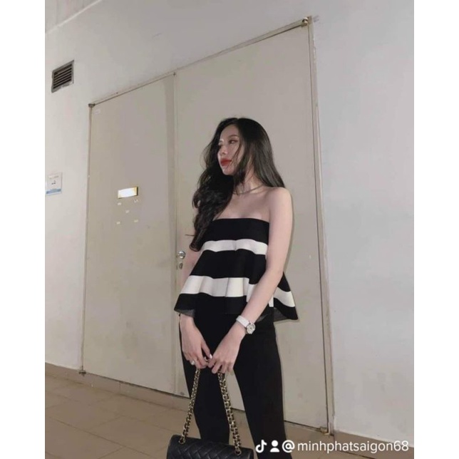 Set nữ cup ngực sọc trắng đen legging