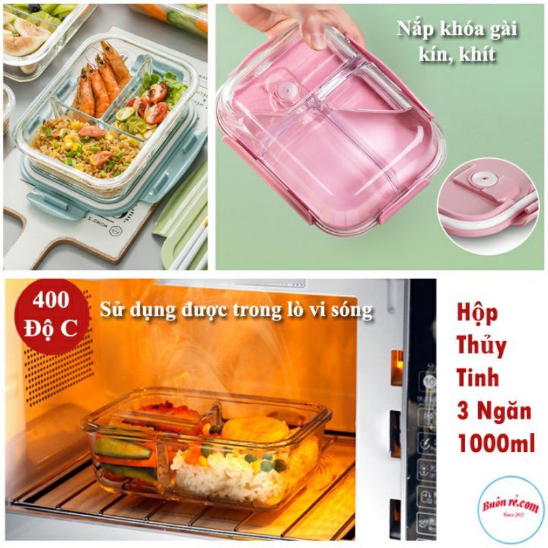 Hộp cơm thủy tinh chia ngăn, 3 ngăn dung tích 1L, 1,5L hộp cơm chia ngăn chống tràn, có thể dùng trong lò vi sóng