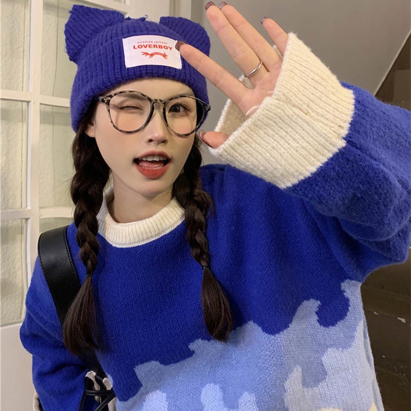 Áo Sweater Dệt Kim Dáng Rộng Cổ Tròn Phối Màu Hàng Mới Cho Nữ