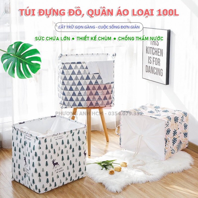Túi Đựng Quần Áo, Chăn Màn Cỡ Lớn 100L - Sọt / Giỏ Vải Đựng Đồ Đa Năng Gấp Gọn Chống Thấm Nước