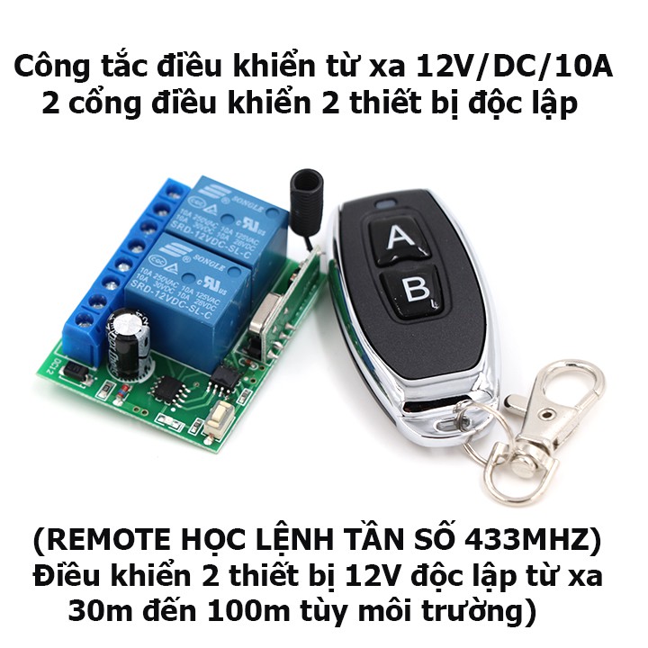 Mạch công tắc điều khiển từ xa 12v 2 cổng ra 12V/10A điều khiển bật tắt 2 thiết bị điện 1 chiều 12v ( 2 kênh)