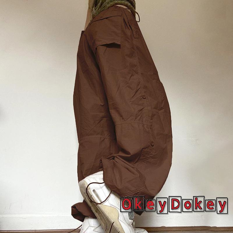 Quần Dài Lưng Cao Ống Rộng Dây Rút Phối Túi Y2K Phong Cách Vintage Cho Nữ