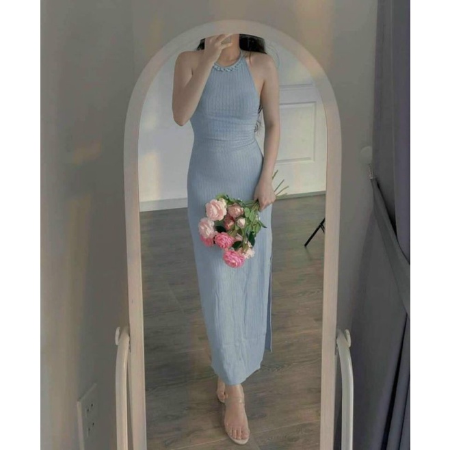 Váy len body xanh dương xẻ tà ngực cổ siêu xinh kèm ảnh thật