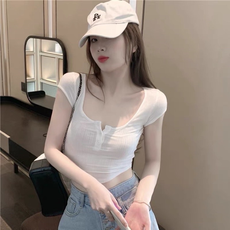 🌿ÁO CROPTOP THUN GÂN TAY NGẮN VẠT BẦU CỔ U🌿Chizi Shop