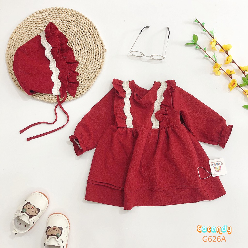 [Cocandy Official Store] Set váy babydoll cho bé kèm mũ chất liệu đũi màu đỏ