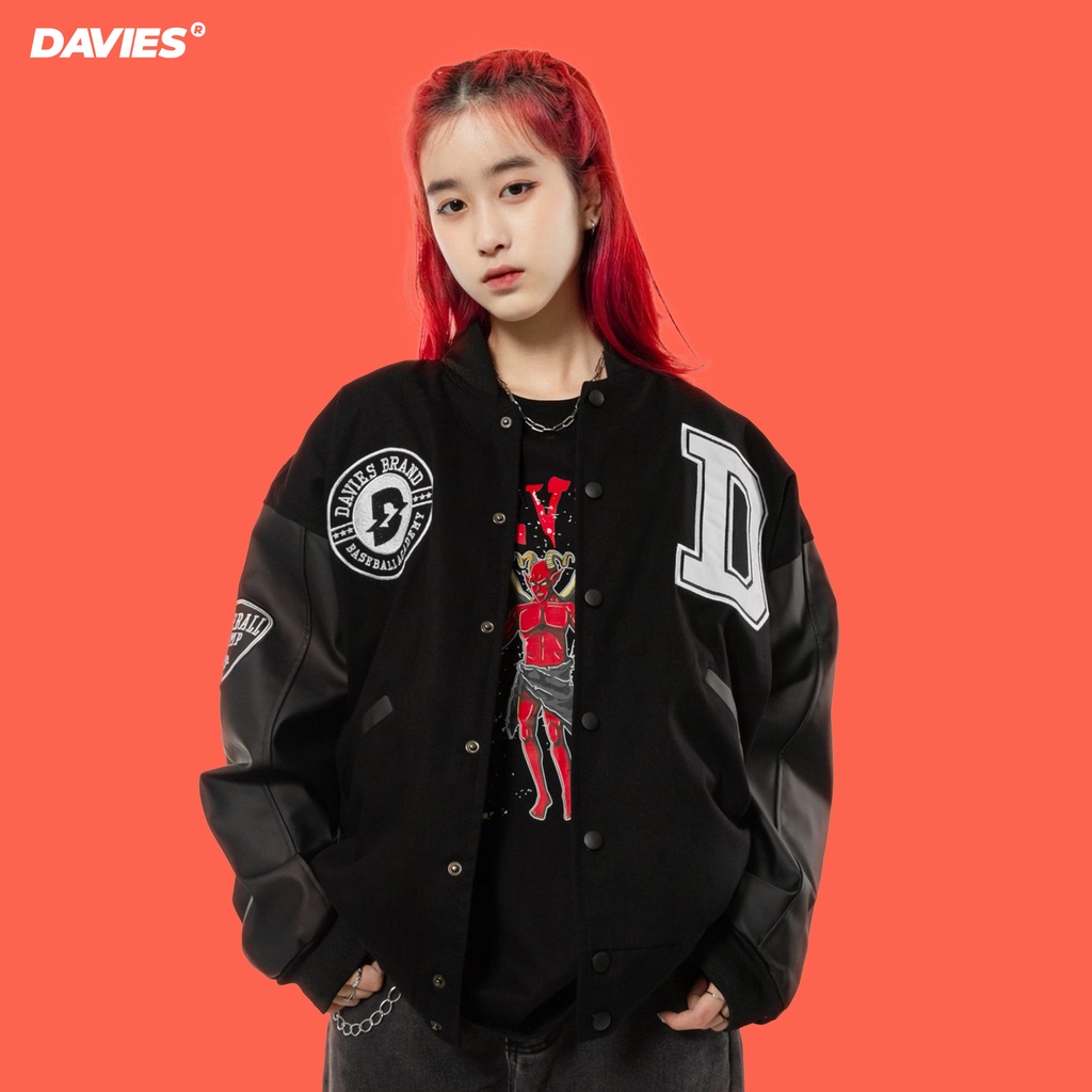 Áo khoác bomber bóng chày thêu chữ Davies brand - Leather Varsity Jacket Baseball Academy Bomber