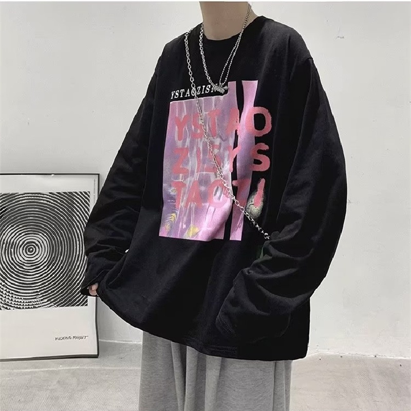 Áo Thun Tay Dài Dáng Rộng In Chữ Phong Cách Hàn Quốc Thời Trang Cho Nam Và Nữ size M-5XL