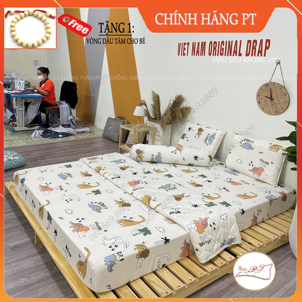 Bộ ga chống thấm PT cao cấp kèm vỏ gối, chống thấm nước tuyệt đối, mềm mịn mát thoải mái bỏ bỉm cho bé (khủng long)