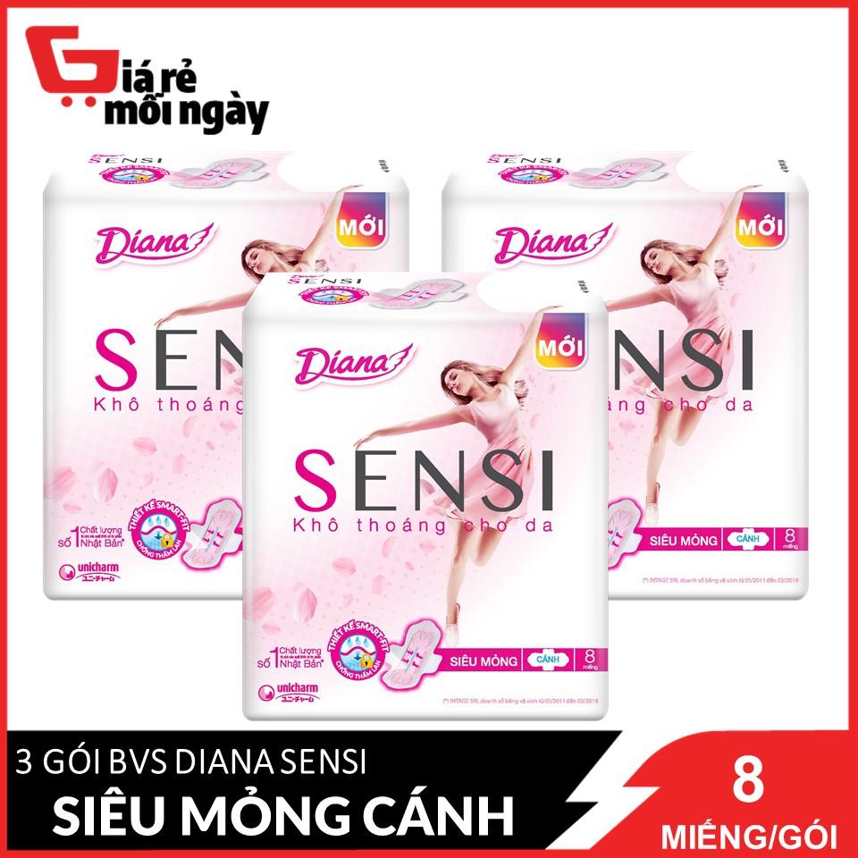 Combo 3 Gói Băng vệ sinh Diana Sensi Siêu Mỏng Cánh ( 8 miếng / gói )