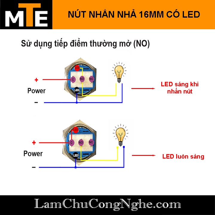 Nút nhấn nhả vỏ kim loại chống nước có led 16mm