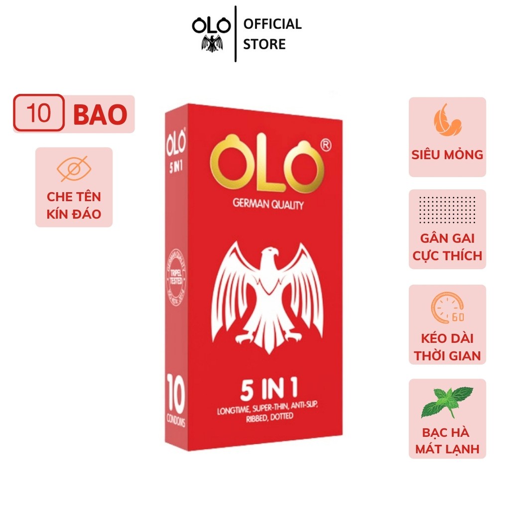Bao cao su OLO 5IN1 gân gai kéo dài thời gian siêu mỏng chống tuột tinh dầu bạc hà 10 Cái