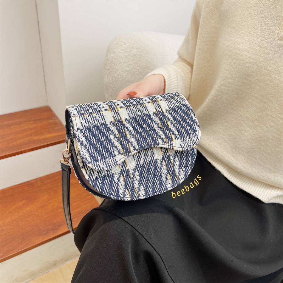 Túi Xách Kẻ Dạ Hình Tròn Basic Màu Đen, Xanh Than Dễ Phối Đồ Đi Chơi | TX16 | Túi Nữ Thiết Kế Dạ Đựng Vừa Điện Thoại