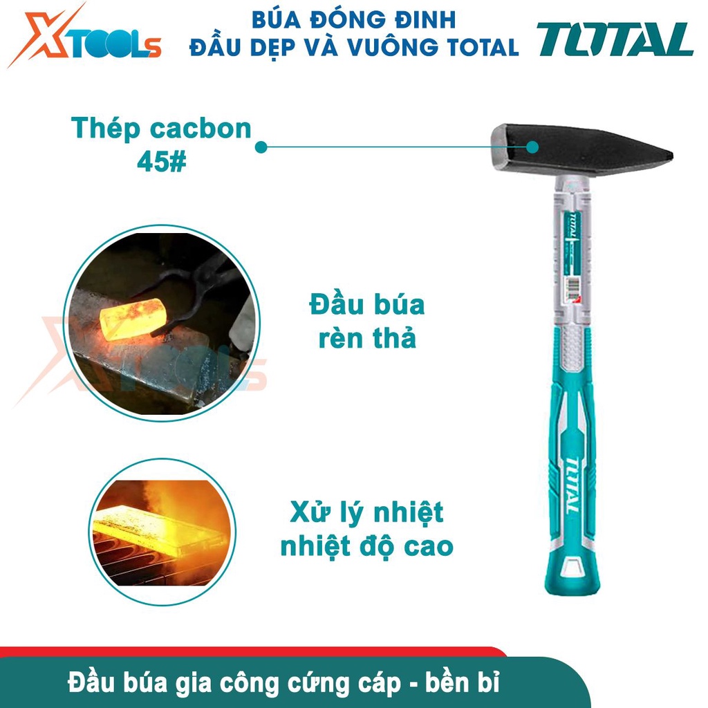 Búa đóng đinh đầu dẹp và vuông TOTAL đầu búa nặng 100-300g, thép carbon 45 rèn thả cứng cáp độ bền cao-CHÍNH HÃNG-XTOOLS