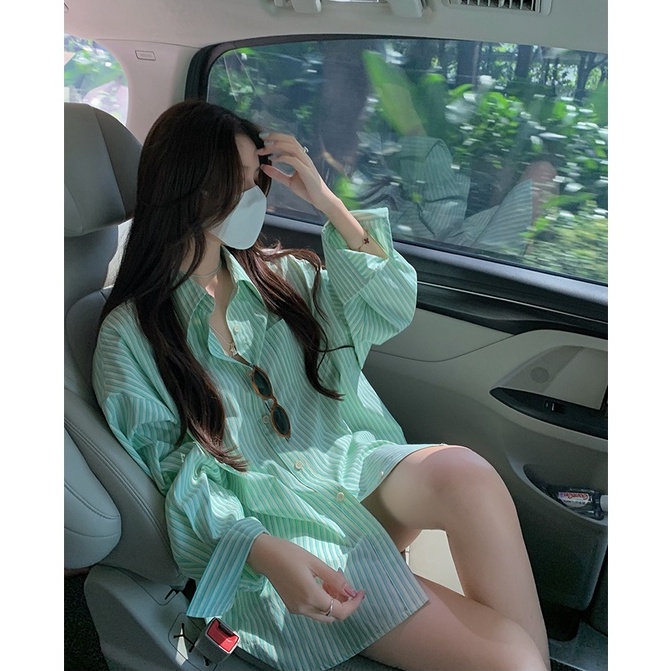 Áo Sơ Mi Nữ Tay Dài Dáng Rộng Cổ Bẻ Họa Tiết Kẻ Sọc Thời Trang