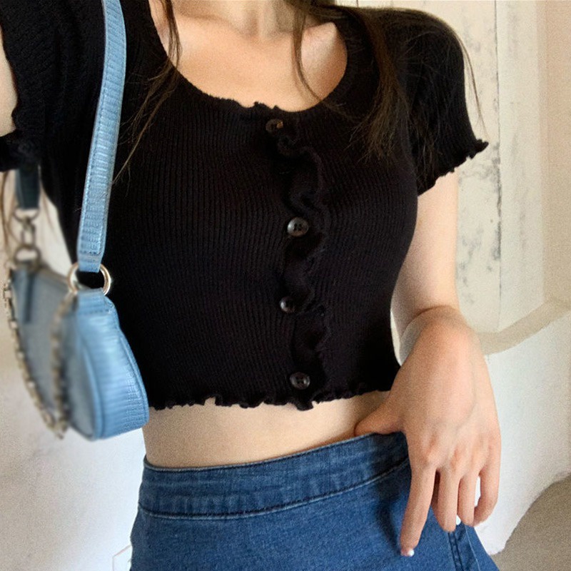 Áo Thun Croptop Dệt Kim Cổ Tròn Màu Trơn Phong Cách Hàn Quốc Thời Trang Cho Nữ