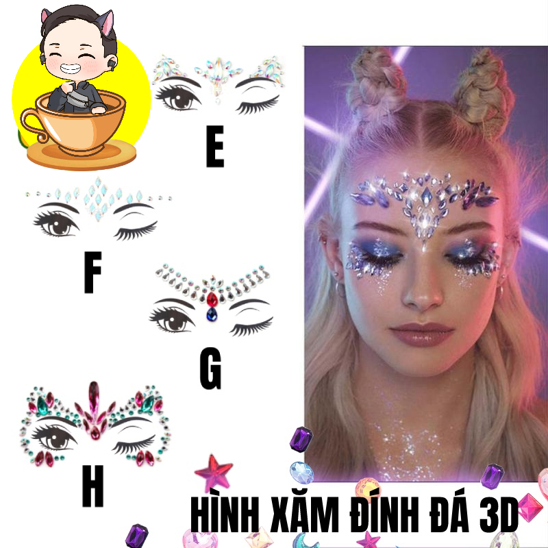 Hình xăm đính đá pha lê 3D, trang trí mặt, lấp lánh tham gia đi lễ hội, rave, music festival biển