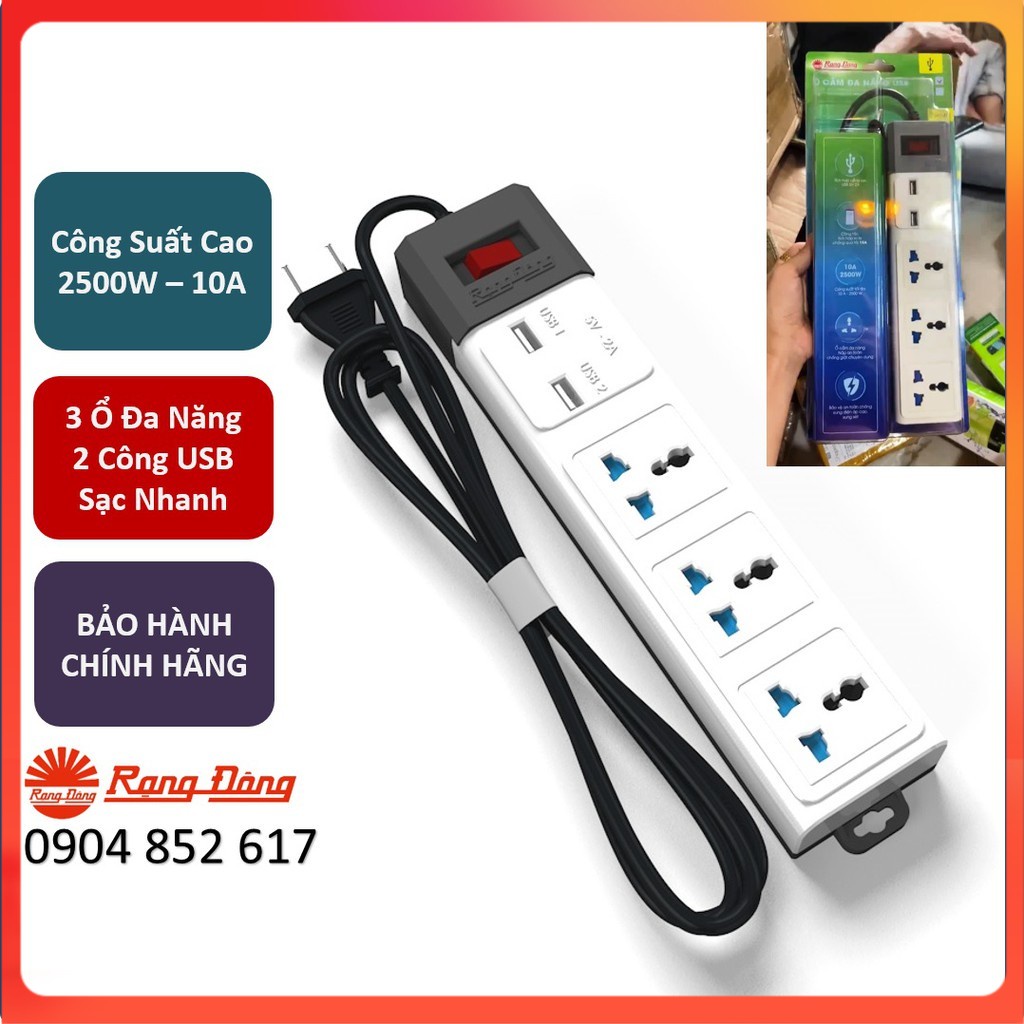 💥Chính Hãng💥 Ổ Cắm Điện Sạc Đa Năng Rạng Đông 2500W 2 Cổng USB, Sạc Nhanh 5V-2A, Tích Hợp Rơ Le Tự Ngắt, 3 mét BH dài