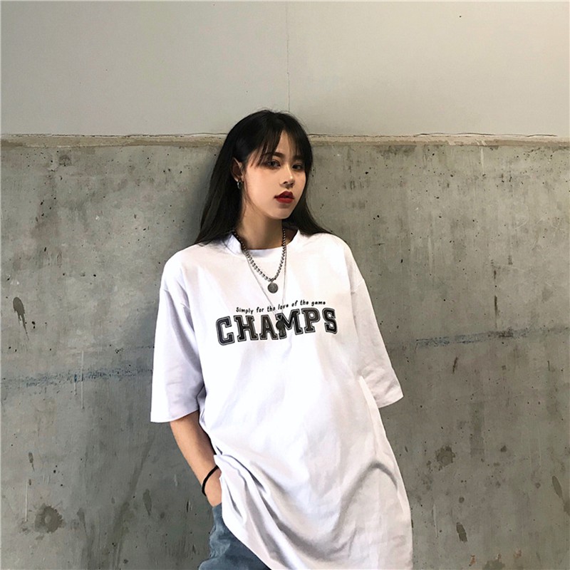 Áo thun nữ nam unisex tay lỡ phông form rộng CHAMPS teen cổ tròn oversize cotton giá rẻ màu đen trắng tee pull freesize