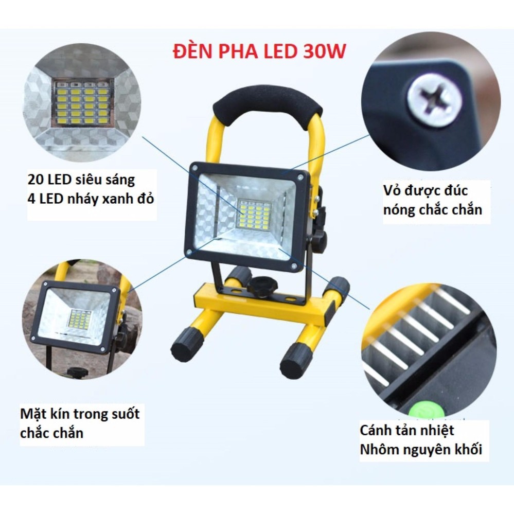 NSV dèn pha led dùng pin 18650 4.2v 30w siêu sáng tặng kèm 3pin tổng hơn 5000mah