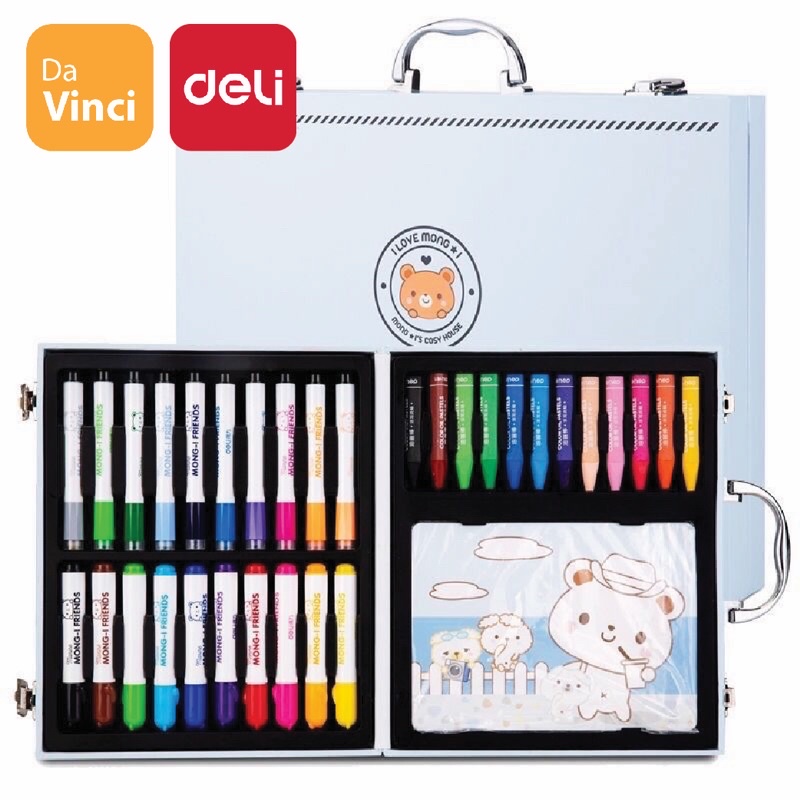 [ DaVinci ] Hộp Bút Vali Màu 52 Chi Tiết Cho Bé DELI 12 màu sáp+10 màu nước+10 màu nước+20 tờ tranh tô