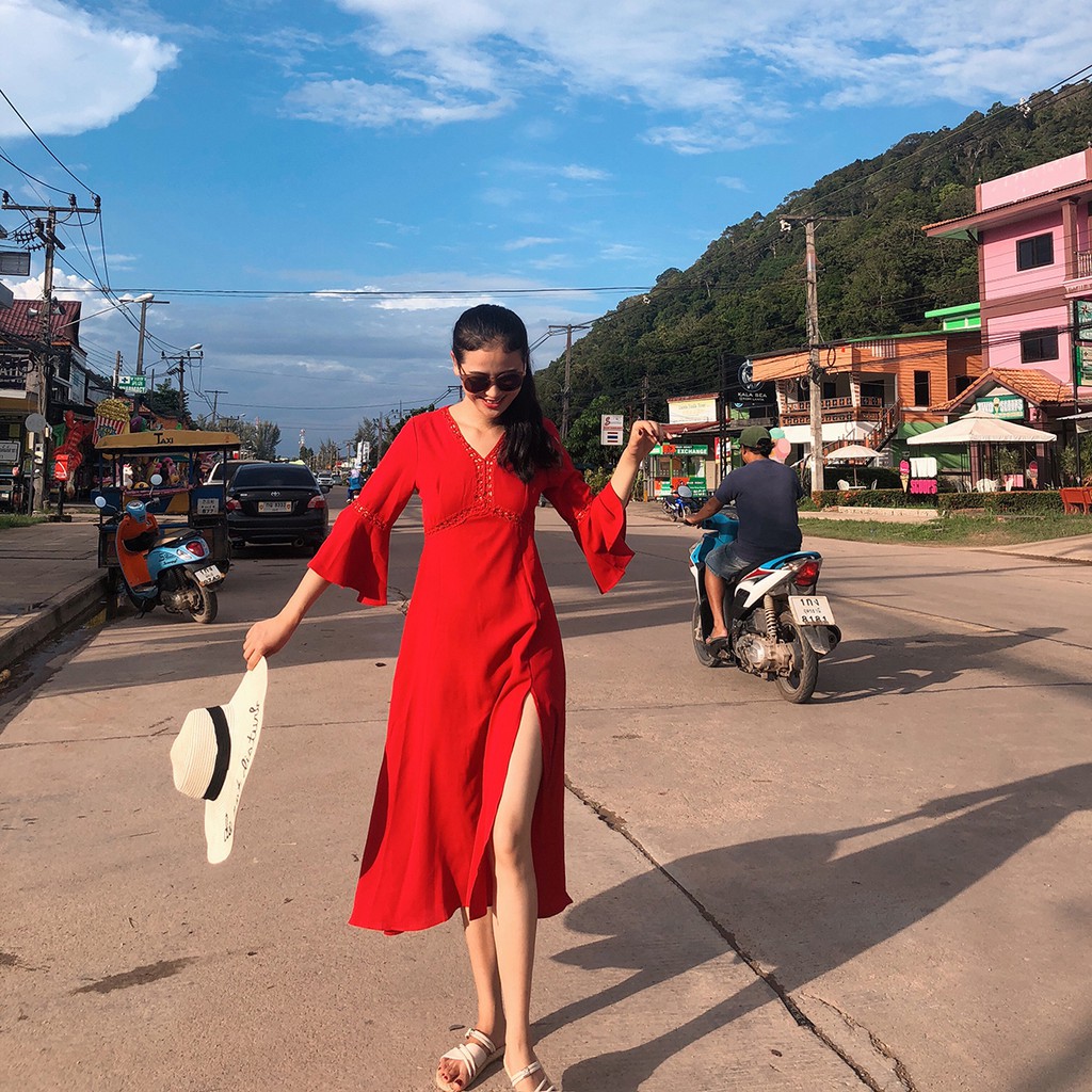 Váy voan đỏ xẻ tà tay chuông - MS059 (Có ảnh thật) | BigBuy360 - bigbuy360.vn